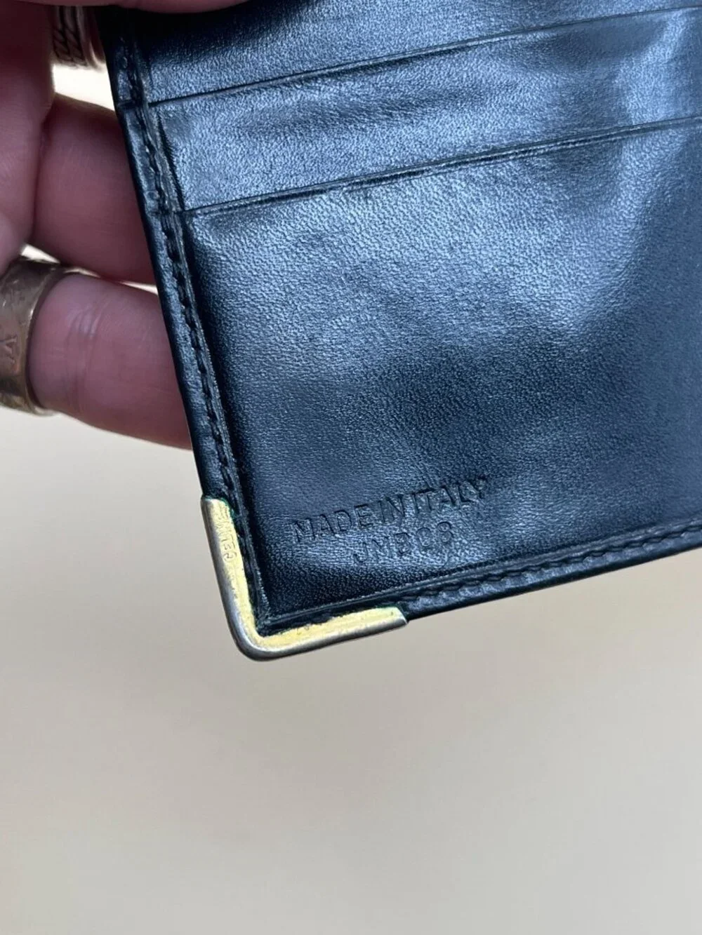 Celine Paris Black Leather Bifold Wallet Embossed Blason Logo Metal Corner Caps